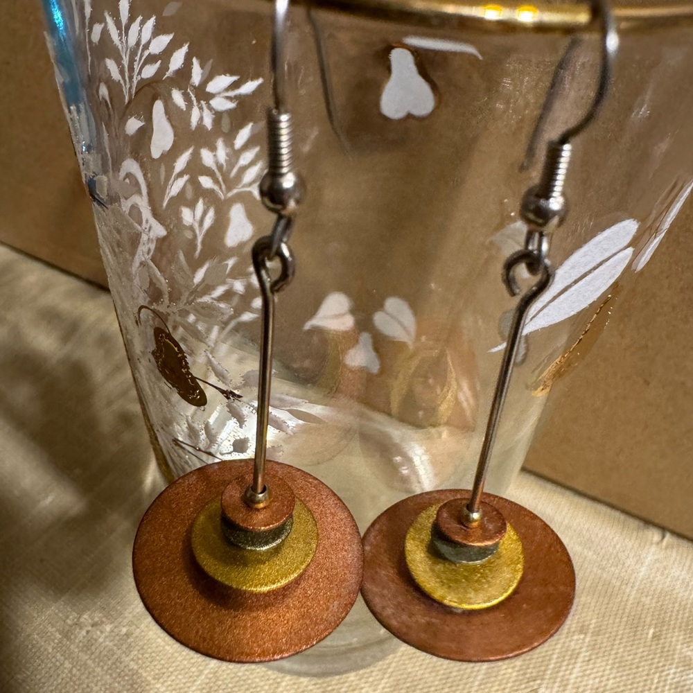 Uniquely cute metal copper tone 3 disk pierced earrings